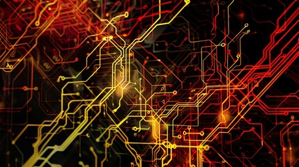 Abstract background with glowing orange lines and black circuits on a dark background, depicting a technical network or data transfer concept, in the style of a complex subway map