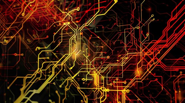 Abstract background with glowing orange lines and black circuits on a dark background, depicting a technical network or data transfer concept, in the style of a complex subway map - Powered by Adobe