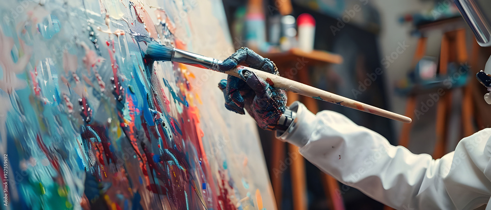 Aufkleber A robot artist using a paintbrush to create vibrant, abstract artwork on a canvas, blending technology with creativity.