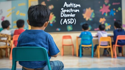 A young boy sitting alone on a chair, facing a chalkboard with the text "Autism Spectrum Disorder (ASD)" while other children are in the background. The image conveys themes of autism, inclusion, and 