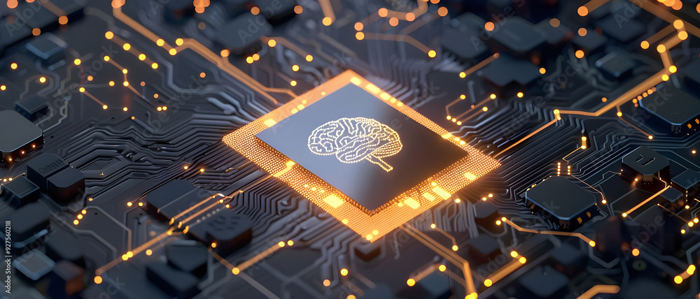 Poster A close-up of an AI microchip featuring a brain symbol, embedded in a detailed circuit board, symbolizing artificial intelligence technology.