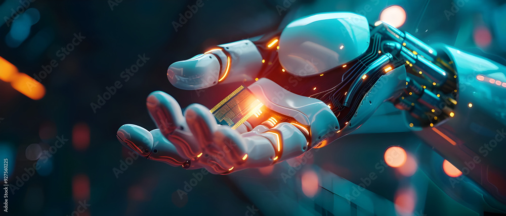 Fototapete A futuristic robotic hand holds a glowing microchip, symbolizing the integration of artificial intelligence and advanced technology.