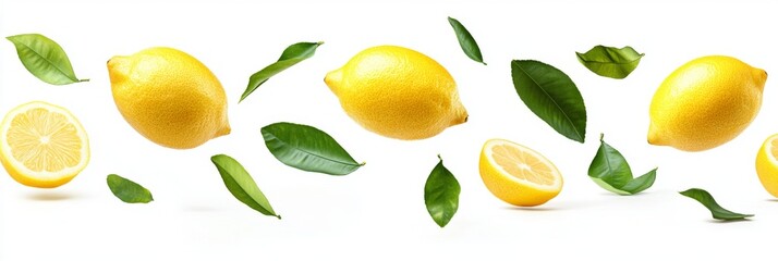 Obraz premium Flying fresh raw whole and sliced lemons with leaves on white background