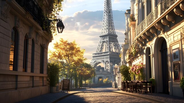 scene captures the iconic Eiffel Tower standing tall in the background, framed by the charming Parisian streets and elegant Haussmann-style buildings.