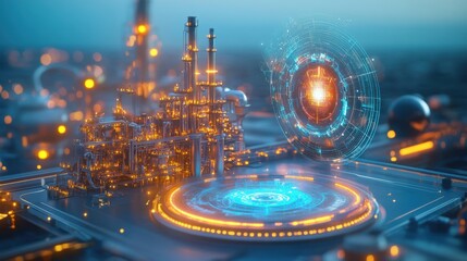 A futuristic oil refinery with glowing, high-tech structures and clean energy innovations