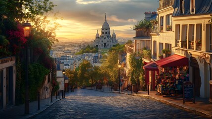 Obraz premium vibrant streets of Montmartre The scene captures the winding cobblestone streets leading up to the iconic Sacré-Cœur