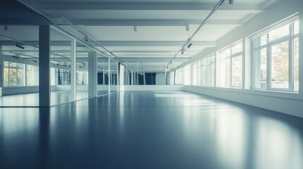 An empty office space with reflective flooring, large windows offering plenty of natural light, and a series of columns supporting the ceiling.
