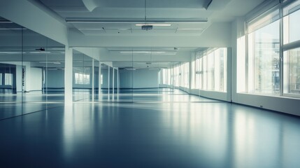 Obraz premium A spacious, empty office interior flooded with natural light, featuring reflective flooring, ceiling lights, and large windows overlooking a cityscape.