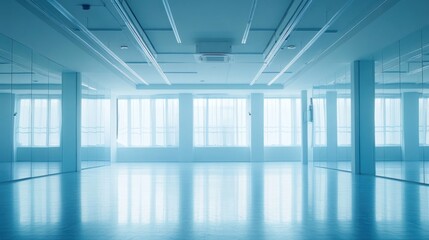 A bright, spacious, empty dance studio with mirrors along the wall, barres for support, and large windows allowing natural light to fill the room.