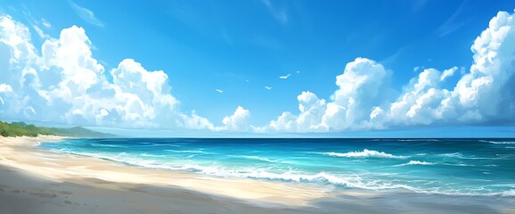 Fototapeta premium A picturesque scene of a sandy beach with turquoise water and a bright blue sky.