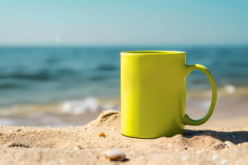 A vibrant green mug rests on sandy beach, evoking a serene summer morning by the ocean.