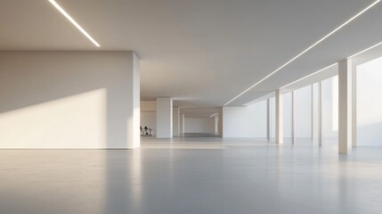 Modern minimalist interior with white walls, large windows, and strip lighting, casting a soft glow on a spacious, empty floor. Clean and serene architectural design.