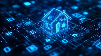 A digital rendering of a glowing blue house outline with a padlock over a circuit board.