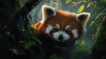 Obraz premium A red panda peeking out from the lush foliage of a green forest.