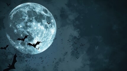 Fototapeta premium A background featuring a full moon with bats flying across, perfect for Halloween party invitations or spooky greetings.