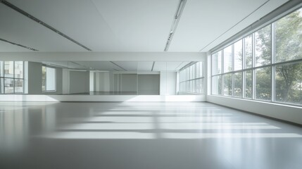 Fototapeta premium Modern empty office space with large windows allowing natural light, white walls, and an open floor plan, ready for customization or occupancy.