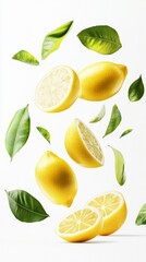 Flying fresh raw whole and sliced lemons with leaves on white background