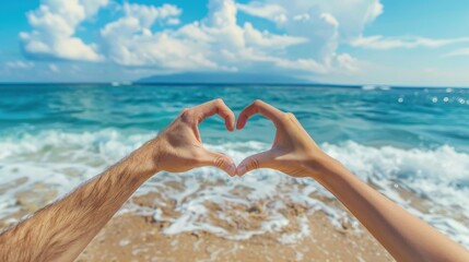 Coupleâ€™s hands together forming a heart shape in front of a beach setting