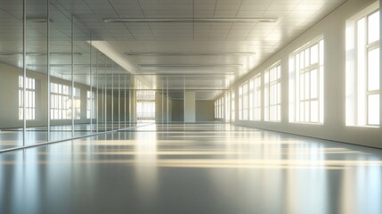Fototapeta premium An empty office space with large windows, reflective flooring, and overhead fluorescent lights, creating a bright and modern, yet deserted atmosphere.