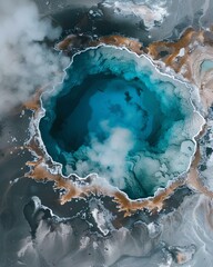 the blue hot spring in Iceland from above, A top down view of a rocky surface covered in white salt and brown mud