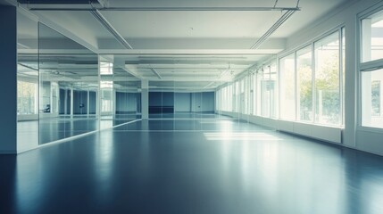 Obraz premium A spacious, empty office interior with large windows, reflecting a calm blue hue, and expansive flooring, suggesting a modern and potentially corporate environment.