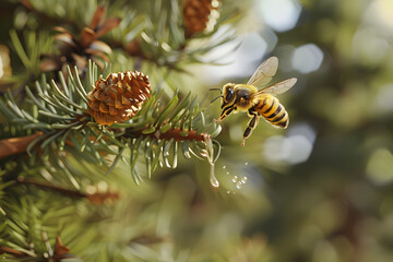 A close-up of a bee hovering near a pine cone on a branch, capturing the essence of nature's beauty and pollination process.