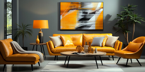 Modern living room with vibrant orange furniture, complemented by a matching abstract painting, and sleek decor.