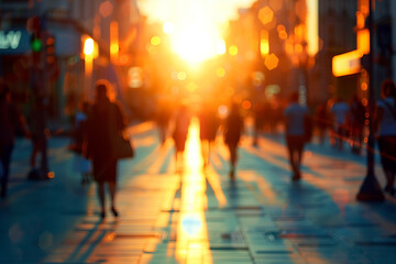Blurry background many people walking at street in the city after work