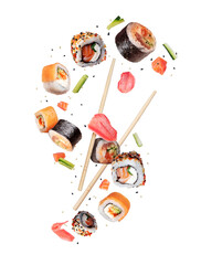 Levitation of various fresh sushi rolls with salmon pieces in the air isolated on white background