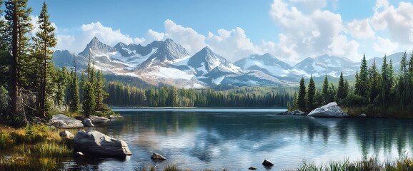 A serene mountain lake nestled among towering peaks, with a lush green forest surrounding the water's edge.