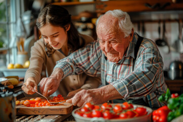 An elderly man cooks food with his granddaughter, a teenage girl learns from the experience in a...