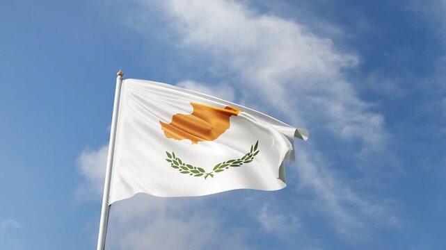 Flag of Cyprus on a blue sky, flag on a flag pole waving in the wind, european country, national symbol of Cyprus island, video of a flag	
