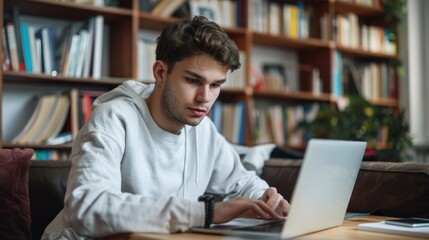 A young adult attending a virtual class on a laptop at home