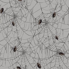 Fine lacy black web and realistic spiders. Hand-drawn watercolor pattern on a gray background in Gothic style. Suitable for Halloween and Day of the Dead design, textiles, packaging, cards, posters.
