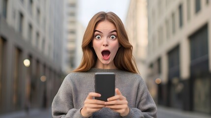 Fototapeta premium A surprised woman holding a smartphone, displaying shock and excitement in an urban setting.