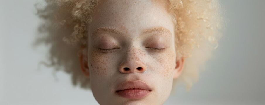 Fashionable albino model with ethereal features, captured in an elegant and artistic pose.