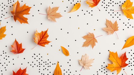 Autumn leaves in various shades of orange and brown scattered on a white background with black dot accents.