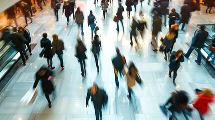 A blurry image of a crowded city street with people walking and standing. Scene is busy and bustling, with people going about their daily lives