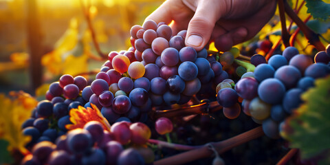 Close-up of a winemaker's hands inspecting a cluster of ripe grapes on the vine.