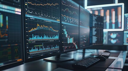 Naklejka premium Multiple computer monitors displaying financial charts and graphs in a dark office setting.
