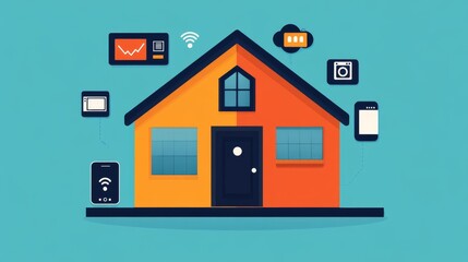 Illustration of a smart home technology setup with various connected devices such as smartphones, tablets, and security systems against a blue background.