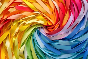 Vibrant and colorful background made of curved paper strips, arranged in circular patterns for decoration or design elements