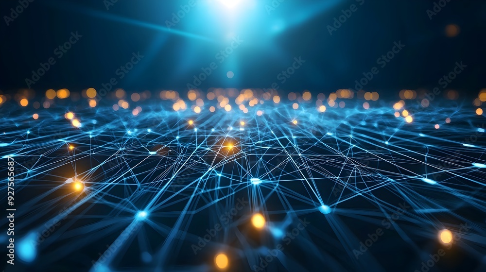 Poster futuristic digital network with interconnected nodes showcasing global connectivity and
