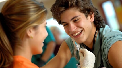 A young adult receiving a vaccination shot from a nurse at a clinic