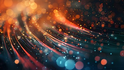 Blurred light blue and red background with fiber optic cables, with small orange dots in the foreground. Abstract concept of speed and technology