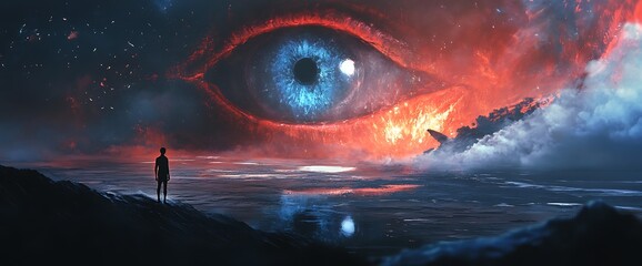 Obraz premium A solitary figure stands on a cliff, gazing at a giant eye in the sky, ablaze with fire and a blue iris.