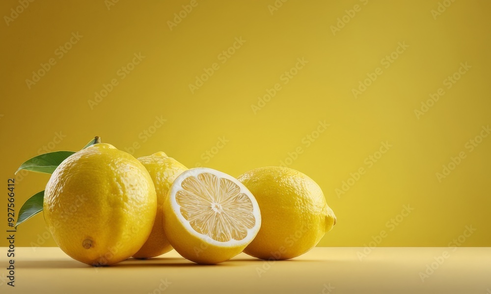 Poster two lemons on table with half cut in