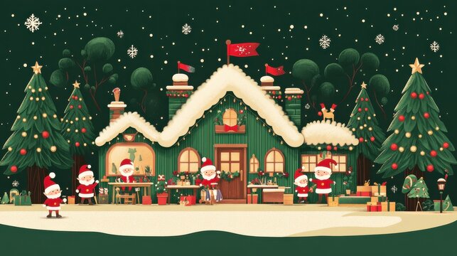 A festive winter scene featuring a charming Santa's workshop surrounded by Christmas trees and snowy decor.