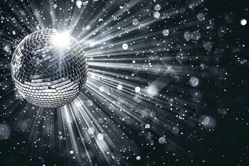 silver disco ball on black background with rays of light shining through, creating the starry sky...