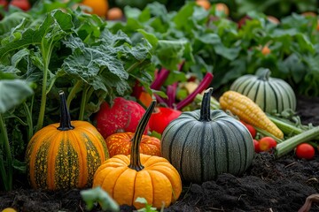 Obraz premium Colorful Pumpkins and Autumn Vegetables in Garden